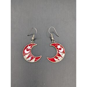 Vintage Taxco Mexico Alpaca Silver Abalone Inlay Crescent Moon Star Earrings